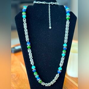 Vintage Ann Taylor LOFT Long Silver Green and Shades of Blue Necklace